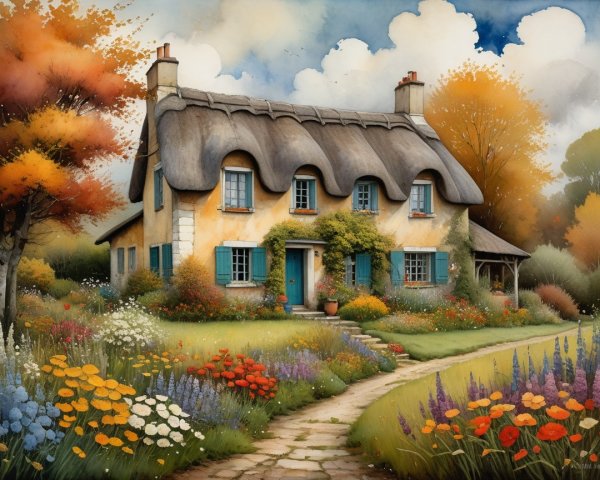 Thatched-Roof Cottage Surrounded by Vibrant Garden