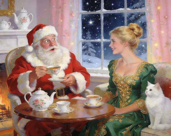 Christmas Scene with Santa and Young Woman in Gown