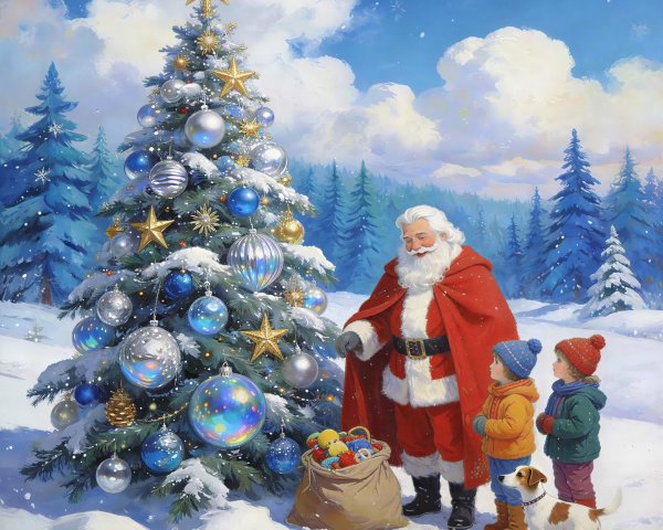 Santa Claus with children and dog by a Christmas tree