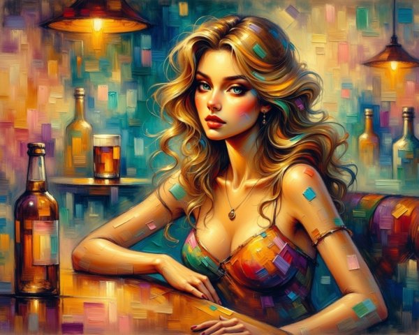 Glamorous Woman at Bar with Ambient Lighting