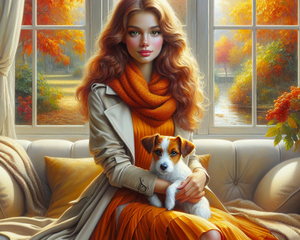Cozy Room with Autumn Foliage and a Young Woman