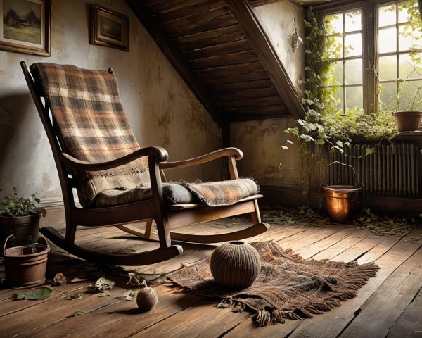 Cozy Rustic Room with Rocking Chair and Greenery