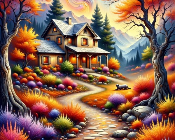 Autumn Landscape with House and Vibrant Foliage