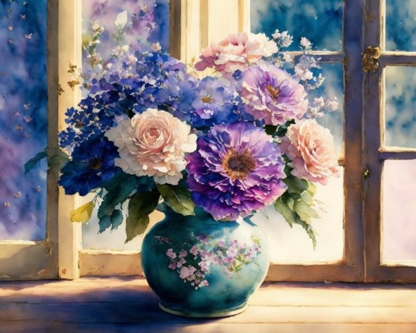 Vibrant bouquet of flowers in a turquoise vase
