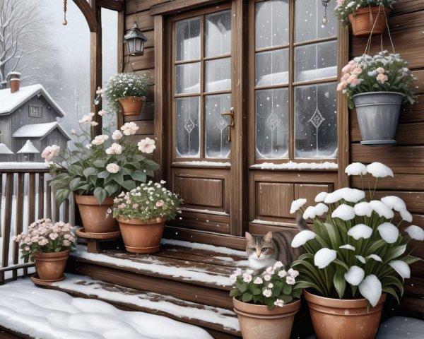 Wooden House in Snowy Landscape with Tabby Cat