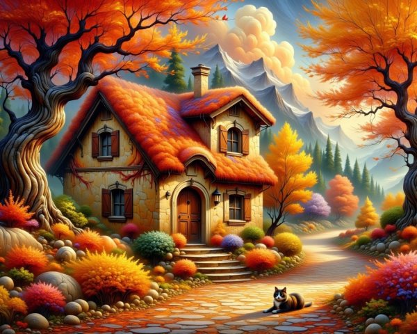 Charming cottage in vibrant autumn landscape with cat