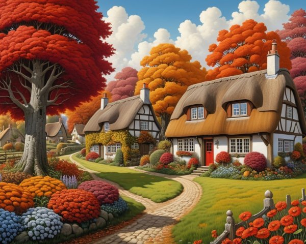 Charming Autumn Countryside Village Scene with Cottages