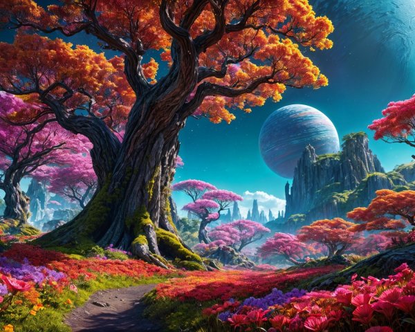 Majestic Ancient Tree in Vibrant Landscape Scene