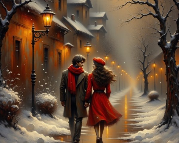 Romantic Winter Stroll on a Snow-Covered Street