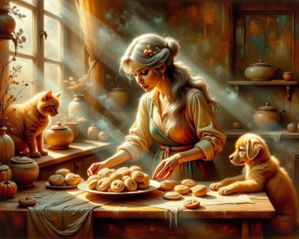 Warm Kitchen Scene with Cookies and Pets