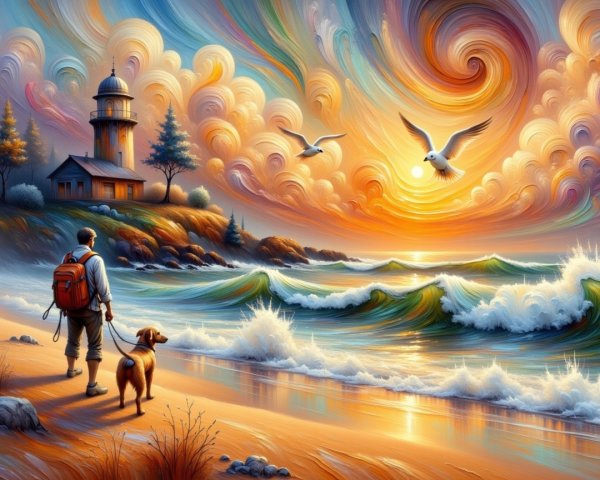Coastal Sunset Scene with Dog and Lighthouse