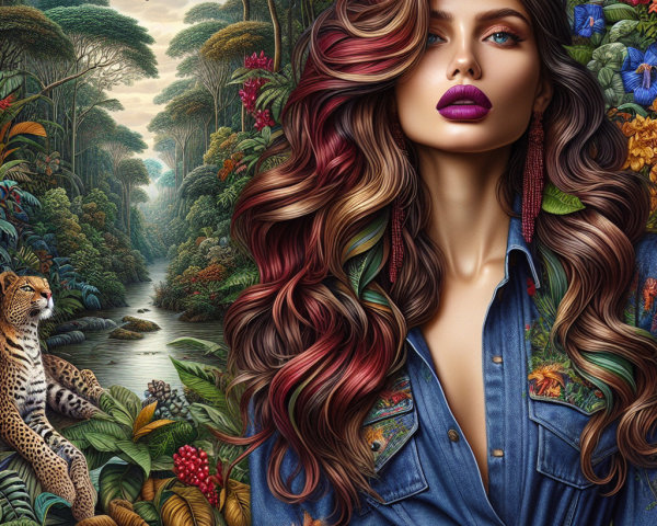 Vibrant Woman in Jungle with Leopard and River