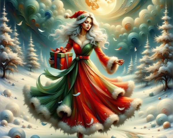 Whimsical Painting of a Festive Woman in Christmas Attire