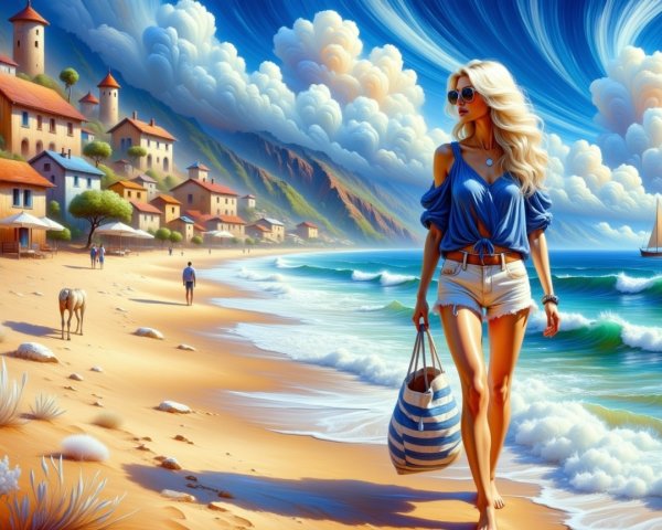 Stylish Woman Strolling on a Picturesque Beach Scene