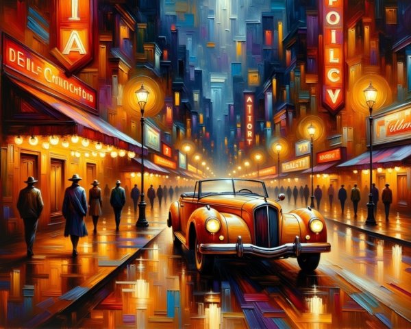 Vibrant Night City Street with Classic Car and Figures