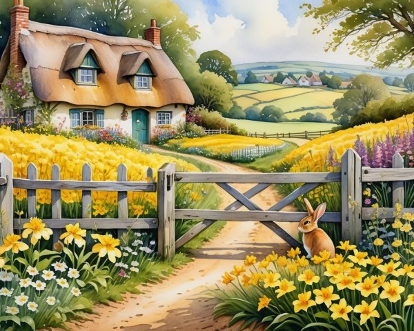 Charming Countryside Scene with Thatched Cottage and Rabbit