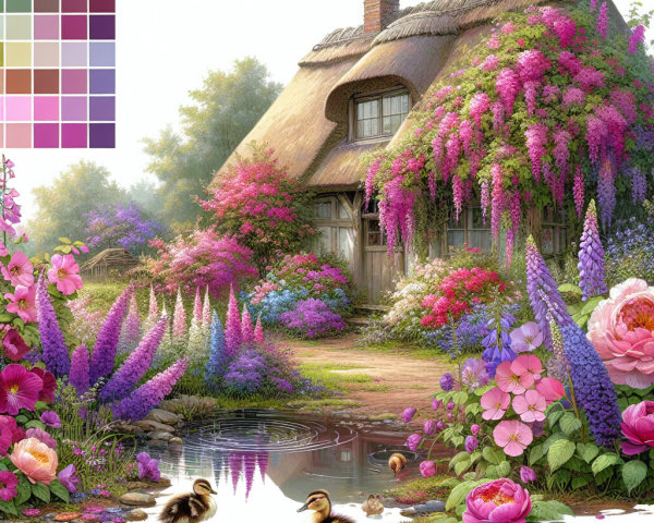 Thatched Cottage Surrounded by Colorful Garden Flora