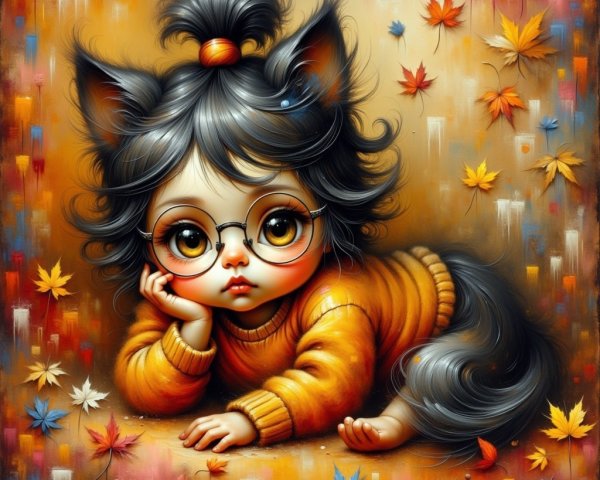 Whimsical Child Illustration in Autumn Leaves Setting