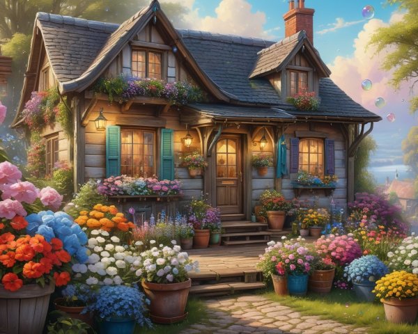 Charming Cottage Surrounded by Colorful Flower Garden