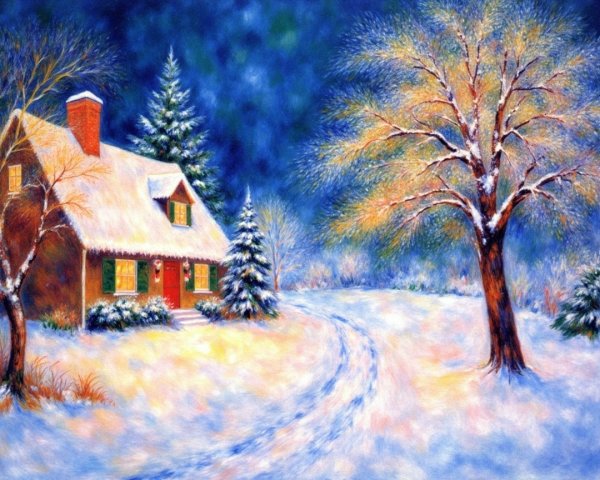 Charming Snowy Cottage Surrounded by Frosty Trees
