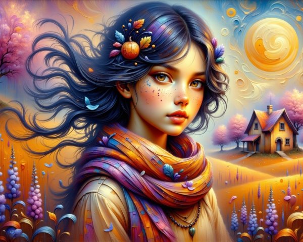 Young woman in floral hair in vibrant autumn landscape