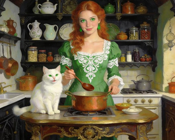 Whimsical Red-Haired Woman Cooking in Vintage Kitchen