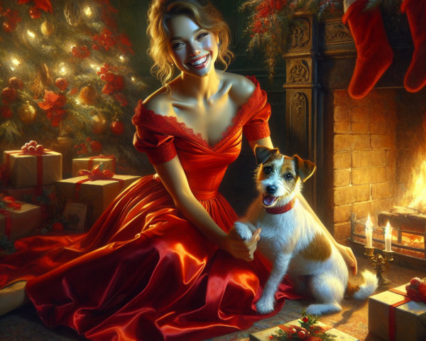 Young woman in red gown with dog in Christmas setting