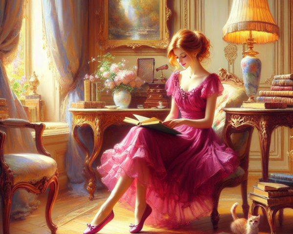 Young woman in pink dress reading in decorated room