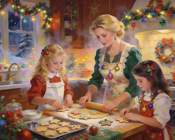 Festive Family Scene in Christmas Kitchen Painting