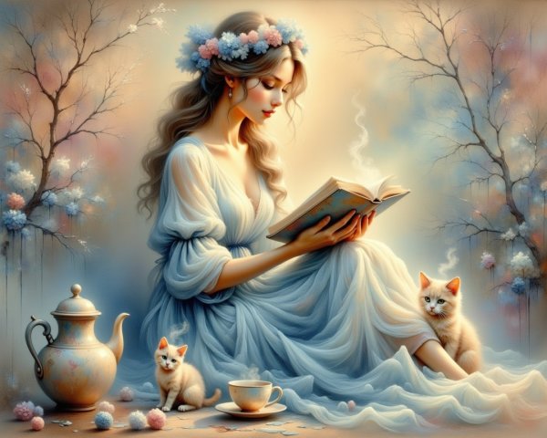 Serene Woman in Blue Dress Reading with Kittens