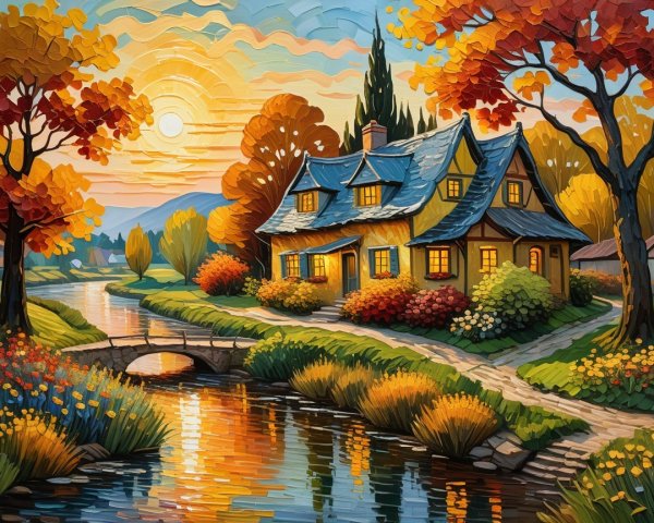 Charming Autumn Countryside Scene with Cottage and River