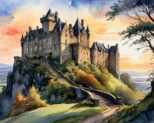 Majestic Castle on Rocky Hill at Sunset