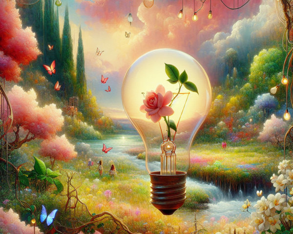 Whimsical Landscape with Flowers and Lush Greenery