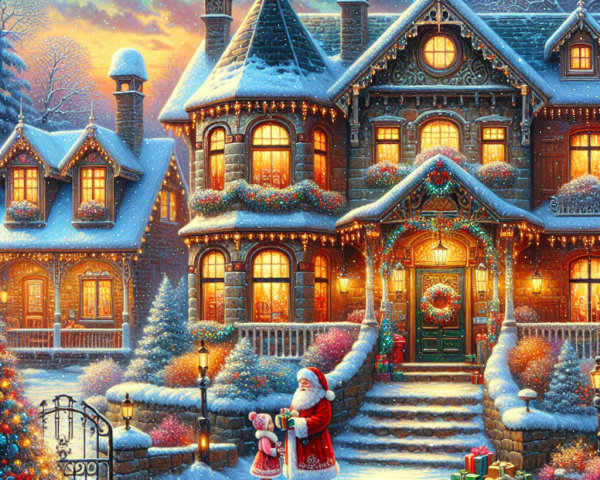 Snow-Covered Mansion with Holiday Decorations and Santa