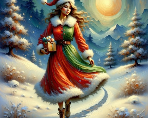 Woman in festive dress amidst snowy winter landscape