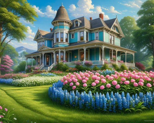 Victorian House Surrounded by Vibrant Garden Landscape