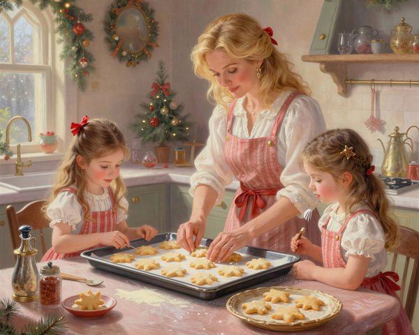 Mother and Daughters Baking Christmas Cookies in Kitchen