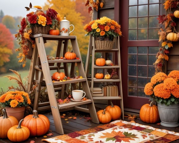 Autumn Scene with Ladder, Flowers, and Pumpkins
