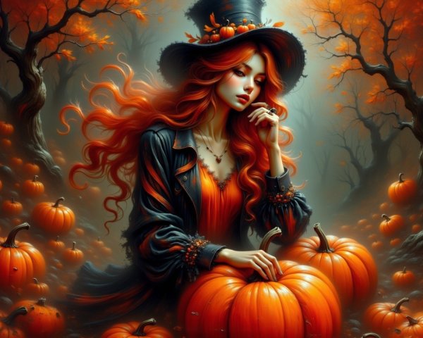 Witch in Autumn Landscape with Pumpkins and Trees