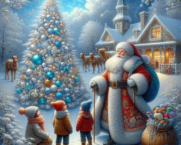 Whimsical Winter Scene with Santa and Christmas Tree