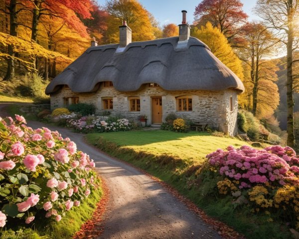 Thatched Cottage in Vibrant Autumn Landscape