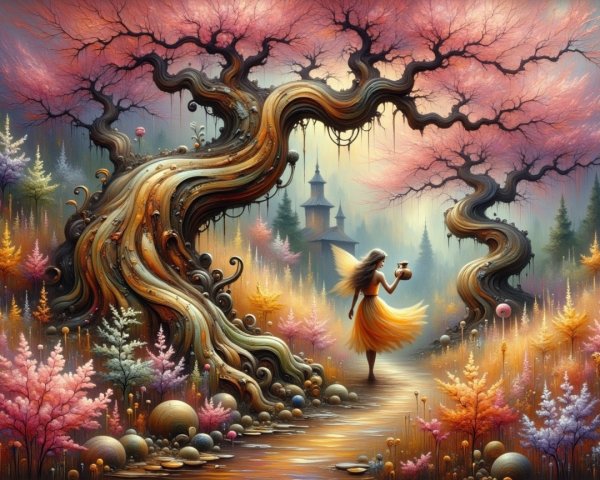 Whimsical Landscape with Twisted Trees and Castle