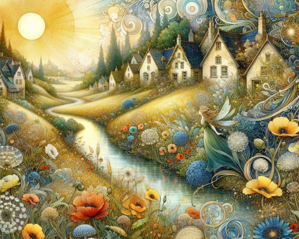 Whimsical Landscape with Houses and Fairy Elements