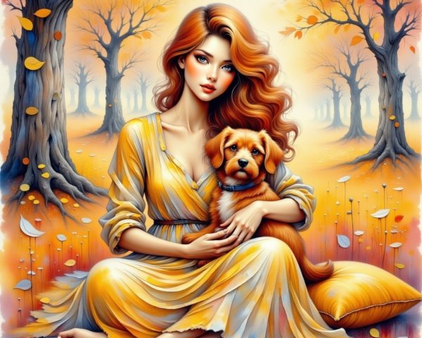 Autumn Landscape with Woman and Dog in Yellow Dress