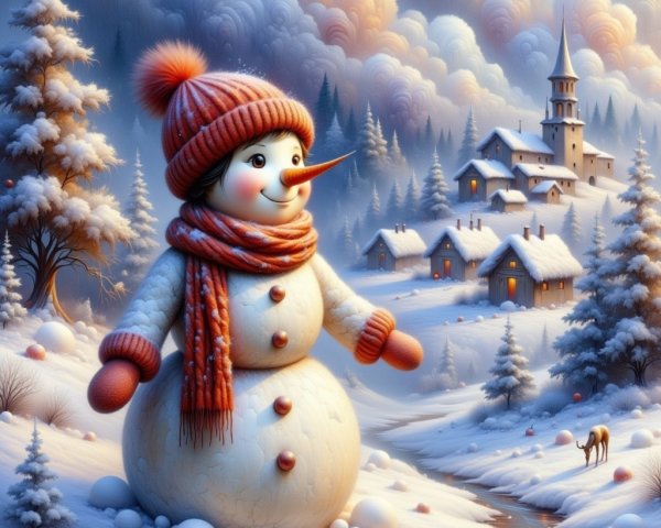 Cheerful snowman in a serene winter landscape
