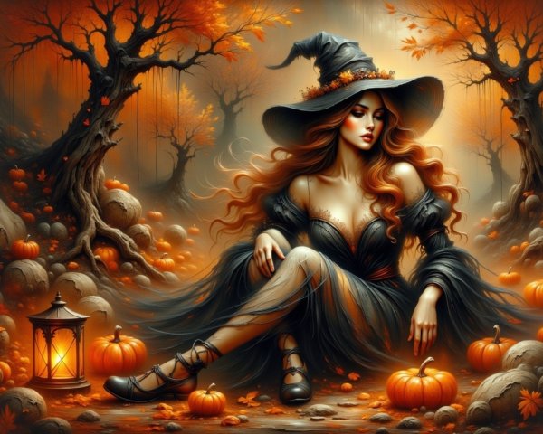 Witch in Elegant Gown Amidst Autumn Landscape and Pumpkins