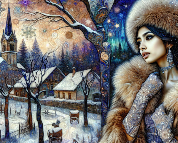 Winter Scene with Woman in Ornate Fur Hat and Coat