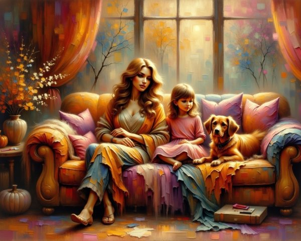 Cozy Living Room with Woman, Girl, and Dog
