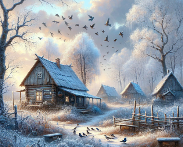 Winter Scene with Cottages and Frosty Landscape