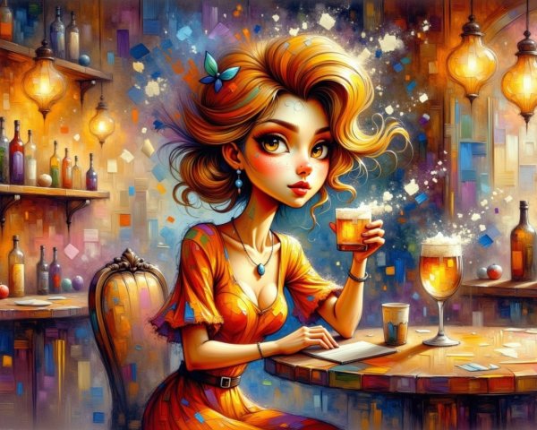 Stylish Young Woman at Vibrant Bar with Wavy Hair